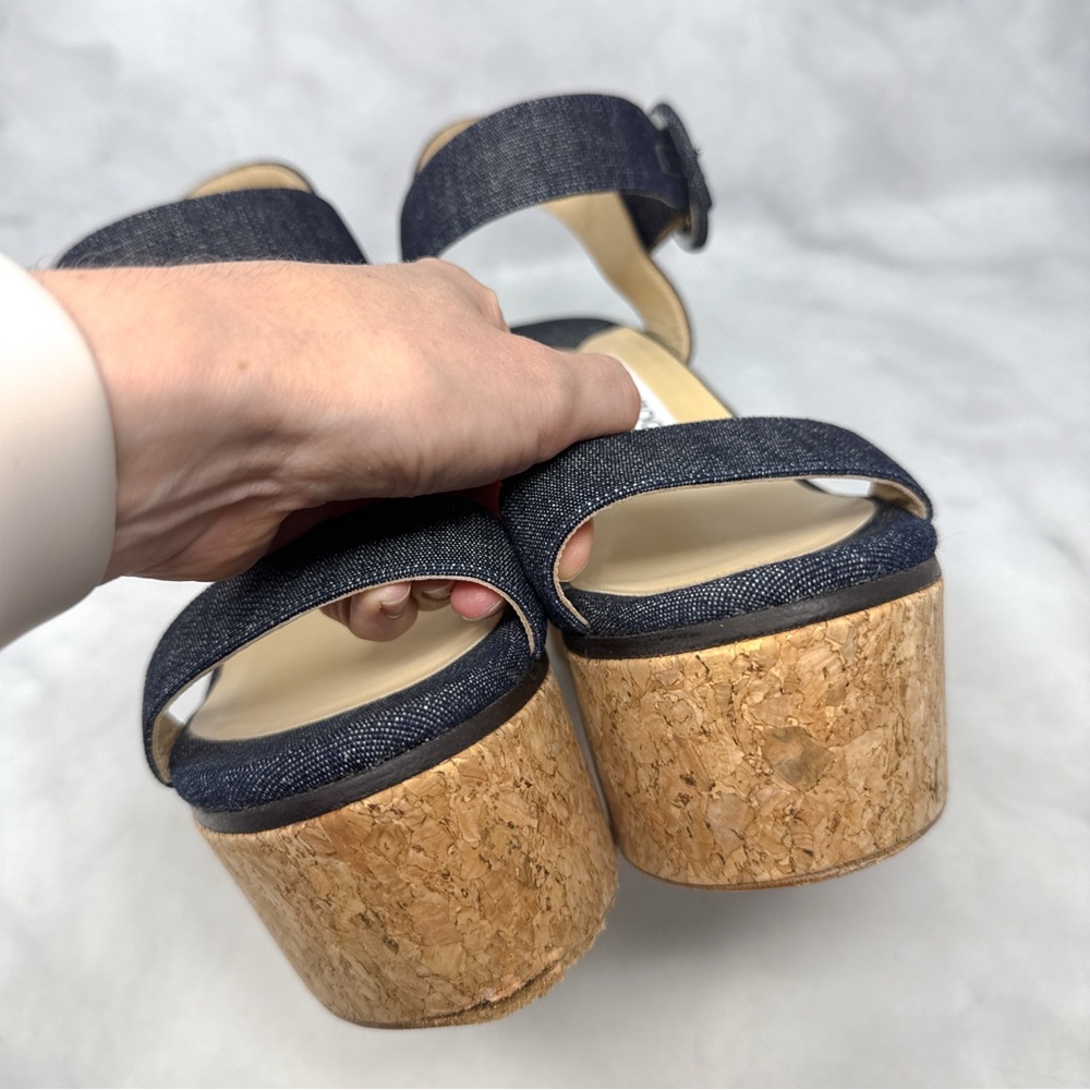 Jimmy Choo Abigail Denim Chambray Chunky Platform Cork Wedge Sandal Heels 39 - Picture 7 of 15